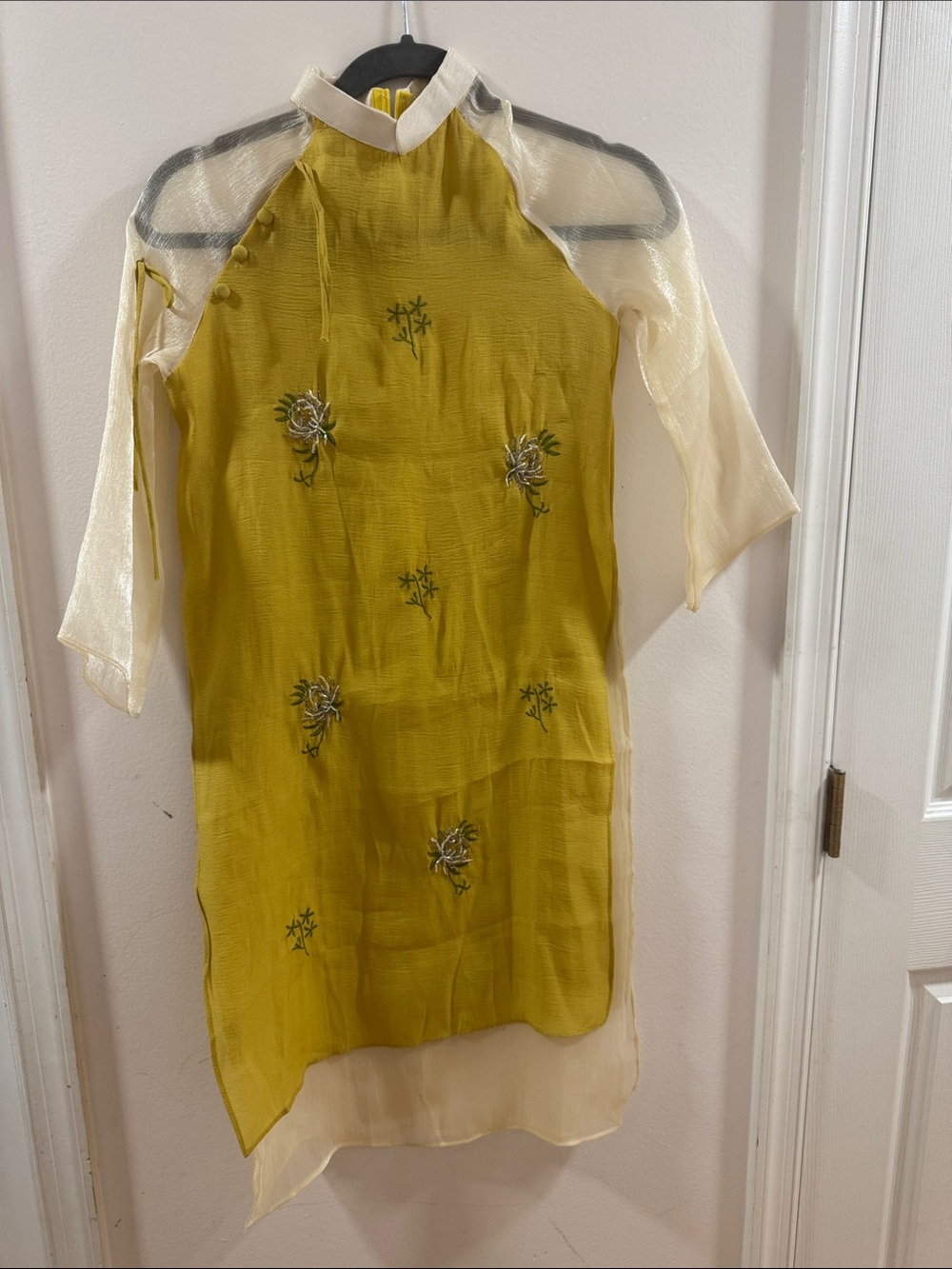 Sheer Mandarin Taditional Vietnamese Dress with Olive Green Embroidery